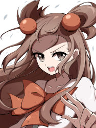 Rule 34 | 1girl, absurdres, bow, brown hair, collarbone, commentary request, creatures (company), eyelashes, floating hair, game freak, grey eyes, gym leader, hair bobbles, hair ornament, hand up, highres, jasmine (pokemon), long hair, looking to the side, nintendo, open mouth, orange bow, pokemon, pokemon hgss, shabana may, solo, teeth, tongue, w