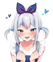 Rule 34 | 1girl, absurdres, blue bow, blue eyes, blue hair, blue heart, blush, bow, collarbone, commentary, english commentary, frilled sleeves, frills, gawr gura, gawr gura (casual), gradient bow, grey hair, hair bow, hair ornament, hairband, heart, highres, hololive, hololive english, looking at viewer, maru ccy, multicolored hair, official alternate costume, open mouth, purple bow, sharp teeth, shirt, short hair, short sleeves, sidelocks, simple background, solo, streaked hair, suspenders, teeth, two side up, upper body, virtual youtuber, white background, white shirt