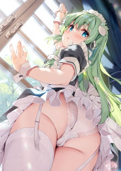 Rule 34 | 1girl, aqua eyes, ass, back bow, black dress, blush, bow, commentary request, dress, frog hair ornament, from below, garter straps, green hair, hair ornament, indoors, kochiya sanae, long hair, looking at viewer, maid, maid headdress, miyase mahiro, panties, parted lips, sidelocks, snake hair ornament, solo, standing, thighhighs, touhou, underwear, white panties, window, wiping, wrist cuffs