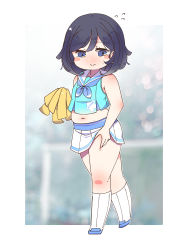 Rule 34 | 1girl, ^^^, bare shoulders, black hair, blue eyes, blue neckerchief, blurry, blurry background, blush, cheerleader, flat chest, highres, horoyuki (gumizoku), looking at viewer, medium hair, midriff, muffin top, navel, neckerchief, no nose, original, outside border, plump, pom pom (cheerleading), sailor collar, short hair, skirt, sleeveless, solo, split mouth, standing, tareme, thick arms, thick thighs, thighs