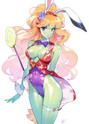 Rule 34 | 1girl, animal ears, bare arms, bare shoulders, bishoujo senshi sailor moon, bishoujo senshi sailor moon supers, blonde hair, blue eyes, breasts, candy, character request, colored skin, commentary request, commission, copyright request, covered navel, cowboy shot, eyeshadow, fake animal ears, food, green skin, groin, highres, large breasts, leotard, lollipop, long hair, makeup, matsuda (matsukichi), pixiv commission, playboy bunny, rabbit ears, solo, standing, swirl lollipop, thigh strap, thighs, very long hair, wrist cuffs