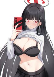 Rule 34 | 1girl, black bra, black hair, black skirt, blue archive, blush, bra, breasts, bright pupils, cellphone, cleavage, closed mouth, clothes lift, espada gcon, hair ornament, hairpin, halo, highres, holding, holding phone, large breasts, long hair, long sleeves, looking at viewer, navel, phone, pleated skirt, red eyes, rio (blue archive), skirt, smartphone, solo, sweater, sweater lift, turtleneck, turtleneck sweater, underwear, white pupils, white sweater