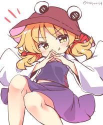 Rule 34 | 1girl, :q, blonde hair, blush, commentary request, hair ribbon, hat, highres, long sleeves, looking at viewer, medium hair, moriya suwako, parted bangs, purple skirt, purple vest, ramudia (lamyun), red ribbon, ribbon, shirt, sidelocks, simple background, skirt, skirt set, smile, solo, tongue, tongue out, touhou, turtleneck, v-shaped eyebrows, vest, white background, white shirt, wide sleeves, yellow eyes
