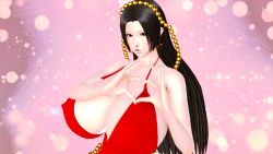 Rule 34 | 1girl, 3d, absurdres, black hair, boa hancock, breasts, cleavage, dress, highres, huge breasts, large breasts, long dress, one piece, red dress, smile