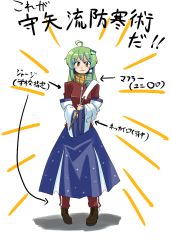 Rule 34 | 1girl, :3, ahoge, boots, cross-laced footwear, detached sleeves, female focus, frog, green hair, hair between eyes, jacket, japanese clothes, jersey, kochiya sanae, lace-up boots, long hair, miko, pants, solo, touhou, track jacket, track pants, track suit, translated