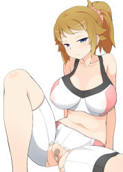 Rule 34 | 10s, 1girl, bad id, bad pixiv id, bakutendou, bandaid, bandaid on pussy, bike shorts, bikini, blue eyes, blush, breasts, brown hair, covered erect nipples, gundam, gundam build fighters, gundam build fighters try, hoshino fumina, large breasts, looking at viewer, navel, ponytail, seductive smile, short hair, sitting, smile, solo, sports bra, swimsuit, torn clothes, two-tone sports bra