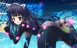 Rule 34 | 10s, 1girl, all fours, animal ears, ass, black hair, blush, bodysuit, breasts, cat ears, fingerless gloves, gloves, guilty crown, hanging breasts, highres, huge ass, long hair, looking at viewer, open mouth, purple eyes, solo, staryume, tsugumi (guilty crown), wallpaper