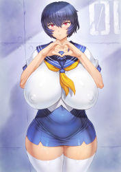 Rule 34 | 1girl, alternate color, ayanami rei, bad id, bad twitter id, black hair, breasts, collarbone, commentary request, covered erect nipples, covered navel, cowboy shot, curvy, gigantic breasts, heart, heart hands, highres, huge breasts, legs together, light smile, looking at viewer, mogudan, neckerchief, neon genesis evangelion, puffy nipples, red eyes, sailor collar, school uniform, serafuku, short hair, skirt, smile, solo, standing, stomach, thick thighs, thighhighs, thighs, wall, white thighhighs, wide hips, yellow neckerchief