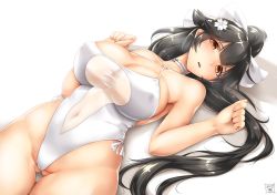 Rule 34 | 1girl, akatsuki akane, azur lane, black hair, blush, bow, breasts, brown eyes, casual one-piece swimsuit, character name, choker, cleavage, collarbone, covered navel, criss-cross halter, flower, gluteal fold, hair bow, hair flower, hair ornament, halterneck, highleg, highleg swimsuit, large breasts, long hair, looking at viewer, lying, on back, one-piece swimsuit, parted lips, ponytail, saliva, simple background, solo, strap gap, sweat, swimsuit, takao (azur lane), takao (beach rhapsody) (azur lane), towel, very long hair, white background, white bow, white choker, white one-piece swimsuit