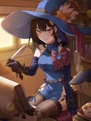 Rule 34 | 1girl, belt, black hair, book, bookmark, bookshelf, brown dust 2, brown eyes, brown pantyhose, detached sleeves, dress, gem, groin, hair between eyes, hat, hat feather, highres, holding, holding quill, indoors, ink bottle, jewelry, long hair, looking at viewer, no panties, pantyhose, paper, quill, scheherazade (brown dust), sitting, solo, strapless, strapless dress, turtleneck, turtleneck dress, user avxx7745, window, window shadow, witch, witch hat