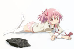 Rule 34 | 10s, 1girl, ass, blush, female focus, hair ornament, hair ribbon, jewelry, kaname madoka, kinfuji, kneehighs, looking at viewer, lying, mahou shoujo madoka magica, mahou shoujo madoka magica (anime), mouth hold, no shoes, on stomach, panties, pink eyes, pink hair, ribbon, ribbon in mouth, ring, school uniform, short twintails, simple background, skirt, smile, socks, solo, striped clothes, striped panties, thighhighs, twintails, underwear, unworn skirt, white background, white socks
