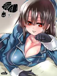 Rule 34 | 10s, 1girl, bad id, bad nicoseiga id, beret, black gloves, breasts, brown hair, cleavage, gloves, hat, kantai collection, large breasts, long hair, lying, on side, open mouth, red eyes, smile, solo, takao (kancolle), tokita monta, upper body