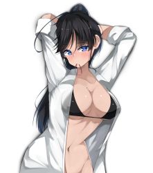 Rule 34 | 1girl, absurdres, ahoge, arms up, bikini, bikini under clothes, black bikini, black eyes, black hair, breasts, cleavage, closed mouth, commentary, dress shirt, earrings, girls und panzer, hair tie in mouth, hands in hair, head tilt, highres, isuzu hana, jewelry, kshimu, long hair, long sleeves, looking at viewer, medium breasts, mouth hold, navel, open clothes, open shirt, shirt, simple background, sleeves rolled up, solo, stud earrings, swimsuit, upper body, white background, white shirt