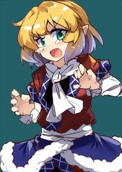 Rule 34 | 1girl, arm warmers, blonde hair, blush, claw pose, commentary, crying, crying with eyes open, d:, d:&lt;, e.o., green eyes, hands up, highres, jealous, looking at viewer, mizuhashi parsee, open mouth, pointy ears, robe, scarf, short hair, solo, tears, touhou, v-shaped eyebrows