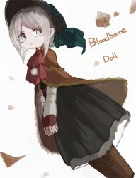 Rule 34 | 1girl, :&lt;, bad id, bad twitter id, black skirt, bloodborne, bonnet, boots, character name, cloak, copyright name, cross-laced footwear, doll joints, green eyes, joints, lace-up boots, long skirt, long sleeves, looking away, nirco, own hands together, plain doll, short hair, silver hair, skirt, solo, swept bangs