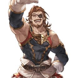 Rule 34 | 1boy, ^ ^, beard, brown hair, eugen (granblue fantasy), eyepatch, closed eyes, facial hair, gloves, granblue fantasy, hand on own hip, male focus, minaba hideo, official art, open mouth, headpat, pov, shirt, sleeveless, sleeveless shirt, solo, transparent background, upper body, white day, white gloves