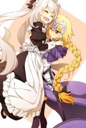 Rule 34 | 2girls, ;), ^ ^, ^o^, apron, armor, armored dress, black bow, black dress, black footwear, black legwear, blue dress, blue eyes, blush, bow, braid, closed eyes, dress, eyebrows, fate/apocrypha, fate/grand order, fate (series), gauntlets, hair bow, hands on another&#039;s shoulders, head tilt, headpiece, hug, jeanne d&#039;arc (fate), jeanne d&#039;arc (ruler) (fate), juliet sleeves, jumping, long hair, long sleeves, low-tied long hair, maid apron, maid headdress, marie antoinette (animejapan 2016) (fate), marie antoinette (fate), multiple girls, official alternate costume, oiun, one eye closed, ponytail, puffy sleeves, sheath, sheathed, shoes, simple background, single braid, sleeve cuffs, smile, standing, sword, thighhighs, two-tone background, very long hair, weapon, white apron, white hair, zettai ryouiki