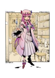Rule 34 | 1girl, blue bow, blunt bangs, border, bow, brown footwear, capelet, chenwei jun, commentary request, copyright name, crystal, door, dress, footwear bow, frilled sleeves, frills, full body, hair bow, hat, highres, lamp, library, long hair, long sleeves, mob cap, nightgown, open mouth, pajamas, patchouli knowledge, pink capelet, pink dress, pink headwear, pink pajamas, portrait, portrait (object), purple bow, purple eyes, purple hair, red bow, remilia scarlet, sidelocks, signature, striped clothes, striped dress, touhou, vertical-striped clothes, vertical-striped dress, very long hair, voile, white border, wide sleeves, window