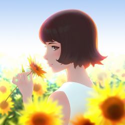 Rule 34 | blue sky, brown eyes, brown hair, closed mouth, day, dress, flower, holding, holding flower, ilya kuvshinov, looking at viewer, original, outdoors, profile, short hair, sky, smile, solo, sunflower, upper body, white dress