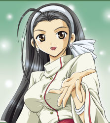 Rule 34 | 1girl, ahoge, black hair, bow, bracelet, breasts, brown eyes, earrings, hair bow, hair slicked back, hairband, huge ahoge, jacket, jewelry, kagura chizuru, kip, kouno yuki (kip), large breasts, long hair, outstretched hand, sash, smile, solo, taut clothes, the king of fighters