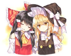 Rule 34 | 2girls, ascot, bad id, bad pixiv id, black hair, blonde hair, blush, bow, braid, cheunes, collared shirt, commentary, forehead-to-forehead, frilled sleeves, frills, hair bow, hair tubes, hakurei reimu, hat, hat bow, hat ribbon, heads together, kirisame marisa, large bow, leaning on person, long hair, multiple girls, open mouth, puffy short sleeves, puffy sleeves, ribbon, shirt, short sleeves, side braid, single braid, sleeping, sleeping on person, sleeping upright, touhou, turtleneck, vest, witch hat, yellow eyes