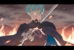 Rule 34 | 1boy, armor, black armor, black gloves, byleth (fire emblem), byleth (male) (fire emblem), cape, fire, fire emblem, fire emblem: three houses, gloves, green eyes, green hair, heroes relic (fire emblem), holding, holding sword, holding weapon, looking at viewer, n01005833, nintendo, reaching, reaching towards viewer, sword, sword of the creator, upper body, weapon