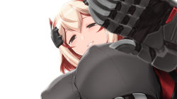 Rule 34 | 1girl, azur lane, blonde hair, blurry, blush, breasts, brown eyes, buttons, covered erect nipples, cyborg, depth of field, dress shirt, eyebrows, from below, grey shirt, hair between eyes, half-closed eyes, headgear, joints, large breasts, looking at viewer, miss black, multicolored hair, red hair, robot joints, roon (azur lane), shirt, short hair, simple background, smile, solo, streaked hair, two-tone hair, upper body, white background