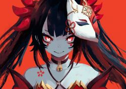 Rule 34 | 1girl, absurdres, bare shoulders, bell, black choker, bow, brown hair, choker, closed mouth, collarbone, fox mask, hair bow, highres, honkai: star rail, honkai (series), long hair, mask, mask on head, neck bell, portrait, red background, red bow, red eyes, shirt, sidelocks, simple background, sleeveless, sleeveless shirt, smile, solo, sparkle (honkai: star rail), twintails, yan kodiac