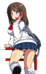 Rule 34 | 1girl, ass, bag, blue eyes, brown hair, cellphone, comord, fang, from behind, looking back, loose socks, original, phone, school uniform, simple background, skirt, socks, solo, sweater, talking on phone, white background