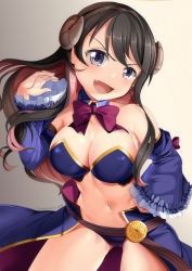 Rule 34 | 1girl, black hair, bow, bowtie, breasts, brown eyes, cleavage, cosplay, curled horns, demon girl, demon horns, detached sleeves, fang, highres, horns, kantai collection, large breasts, long hair, machikado mazoku, midriff, multicolored hair, naganami (kancolle), navel, open mouth, pink hair, red bow, red bowtie, revealing clothes, smile, solo, stomach, twitter username, two-tone hair, yasume yukito, yoshida yuuko (machikado mazoku), yoshida yuuko (machikado mazoku) (cosplay)
