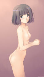 Rule 34 | 1girl, ass, black eyes, black hair, blush, breasts, flat ass, flat chest, from side, kimi kiss, looking at viewer, nipples, nude, purple background, shijou mitsuki, short hair, simple background, small breasts, solo, source, zundarepon