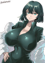 Rule 34 | 1girl, breasts, fubuki (one-punch man), green eyes, hand on own hip, highres, large breasts, one-punch man, smile, solo