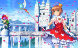 Rule 34 | 1girl, bloomers, blue sky, blurry, blurry background, brown hair, building, capelet, cardcaptor sakura, crown, day, diffraction spikes, dress, flower, gloves, green eyes, highres, holding, kinomoto sakura, looking to the side, mini crown, mutsuki (moonknives), open mouth, outdoors, petals, see-through, short hair, sky, solo, standing, underwear, white gloves, yume no tsue