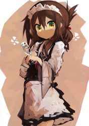 Rule 34 | 1girl, absurdres, alternate costume, apron, brown hair, cowboy shot, cup, drinking glass, enmaided, folded ponytail, hair between eyes, hand on own chest, highres, holding, inazuma (kancolle), kaamin (mariarose753), kantai collection, long sleeves, looking at viewer, maid, maid apron, maid headdress, orange background, sidelocks, solo, standing, yellow eyes