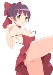 Rule 34 | 1girl, ass, barefoot, blush, bow, breasts, breasts apart, brooch, choker, clothes down, clothes pull, dress, dress pull, eyes visible through hair, female focus, from below, gegege no kitarou, gegege no kitarou 6, green eyes, hair bow, jewelry, looking at viewer, nekomusume, nekomusume (gegege no kitarou 6), nipples, no panties, no pussy, off-shoulder dress, off shoulder, perky breasts, pointy ears, puffy areolae, purple hair, red bow, red choker, red dress, short dress, short hair, simple background, sleeveless, sleeveless dress, small areolae, small breasts, small nipples, solo, strap slip, toshishikisai, upskirt, white background, yellow eyes