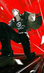 Rule 34 | 1boy, btmr game, clenched hand, clenched teeth, highres, holding, jacket, jacket on shoulders, jewelry, long sleeves, looking at viewer, male focus, necklace, on one knee, pants, persona, persona 4, scar, scar on face, school uniform, shirt, signature, skull print, solo, sparkle, tatsumi kanji, teeth, yasogami school uniform
