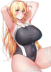 Rule 34 | 1girl, :3, absurdres, alternate breast size, amano don, armpits, arms behind head, arms up, belly, black one-piece swimsuit, blonde hair, blush, breasts, brown eyes, covered navel, curvy, elbow gloves, feet out of frame, female focus, from side, gloves, grey one-piece swimsuit, hair between eyes, hands up, highres, huge breasts, large breasts, light blush, long hair, looking at viewer, looking to the side, multicolored eyes, one-piece swimsuit, school swimsuit, shokuhou misaki, simple background, sitting, smile, solo, sparkle, sparkling eyes, swimsuit, thick thighs, thighhighs, thighs, toaru kagaku no railgun, toaru majutsu no index, toaru majutsu no index gaiden: toaru kagaku no mental out, tokiwadai school swimsuit, two-tone eyes, white background, white gloves, white thighhighs, yellow eyes