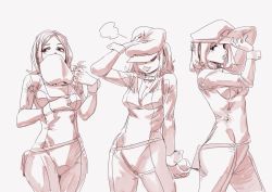 Rule 34 | 10s, 1girl, adjusting clothes, adjusting headwear, archvermin, bodysuit, boku no hero academia, breasts, cleavage, collar, covered eyes, covered mouth, hand on headwear, hat, highres, holding, holding clothes, holding hat, medium breasts, monochrome, multiple views, peaked cap, short hair, small breasts, tongue, tongue out, unworn hat, unworn headwear, utsushimi kemii