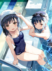Rule 34 | 2girls, arm up, bare arms, bare legs, bare shoulders, black hair, blue one-piece swimsuit, breasts, brown eyes, caustics, collarbone, competition school swimsuit, covered navel, goggles, goggles on head, hair ornament, hairclip, highres, huwari (dnwls3010), long hair, looking at viewer, multiple girls, one-piece swimsuit, open mouth, original, poolside, school swimsuit, siblings, sisters, small breasts, smile, swim cap, swimsuit, thighs, twins, water, wet