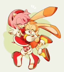 Rule 34 | 2girls, amy rose, animal nose, boots, bracelet, commentary, cream the rabbit, dress, closed eyes, furry, furry female, gloves, hairband, happy, hug, jewelry, multiple girls, open mouth, orange dress, orphisterical, rabbit girl, red dress, red hairband, shoes, smile, sonic (series), symbol-only commentary, white gloves