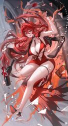 1girl absurdres arm_up black_footwear black_gloves bottle breasts dress full_body gloves goddess_of_victory:_nikke high_heels highres holding holding_bottle horns large_breasts long_hair official_alternate_costume open_mouth red_dress red_hair red_hood_(nikke) red_hood_(nonsense_red)_(nikke) smile solo tansuan_(ensj3875) thighs