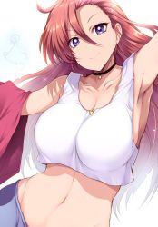 Rule 34 | 1girl, armpits, bird, black choker, breasts, choker, cleavage, closed mouth, collarbone, commentary, flamingo, hair between eyes, highres, jewelry, large breasts, long hair, looking at viewer, midriff, multicolored hair, navel, precure, purple eyes, red hair, shirt, simple background, smile, solo, takizawa asuka, tropical-rouge! precure, tsukasawa takamatsu, white background, white shirt