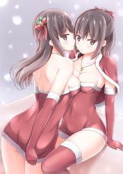 Rule 34 | bare shoulders, breast press, breasts, cape, cleavage, cross, highres, jewelry, kamakama (kdmorh kamakama), long hair, looking at viewer, looking back, necklace, original, ponytail, symmetrical docking, thighs, winter clothes, yuri