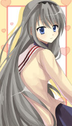 Rule 34 | 00s, 1girl, bad id, bad pixiv id, blue eyes, blue skirt, blush, breasts, chocho (homelessfox), clannad, from behind, hairband, heart, heart background, light smile, long hair, long sleeves, looking at viewer, looking back, sakagami tomoyo, school uniform, silver hair, skirt, smile, solo, very long hair