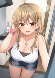 Rule 34 | 1girl, ahoge, bare arms, bare shoulders, blue shorts, blurry, blush, breasts, brown eyes, brown hair, camisole, class no gyaru ga nazeka ore no gimai to nakayoku natta., cleavage, collarbone, cowboy shot, cutoffs, denim, denim shorts, depth of field, doorway, dutch angle, earrings, female focus, hair between eyes, hair ornament, hair over shoulder, hand in own hair, hand up, highres, indoors, jewelry, komori kuzuyu, leaning forward, long hair, looking at viewer, matching hair/eyes, medium breasts, mole, mole on breast, mole under eye, novel illustration, official art, open mouth, opening door, pendant, pink scrunchie, pov doorway, scrunchie, short shorts, shorts, smile, solo, standing, stud earrings, takarai yua, textless version, torn clothes, torn shorts, very long hair, white camisole, wrist scrunchie