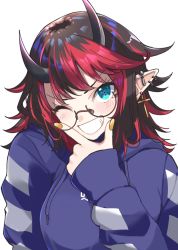 Rule 34 | 1girl, nanashi inc., alternate costume, black hair, blue eyes, blue hoodie, blush, breasts, commentary request, cross, cross earrings, demon girl, demon horns, earrings, glasses, grey-framed eyewear, grin, hand on own chin, highres, hood, hoodie, horns, jewelry, large breasts, long hair, looking at viewer, multicolored hair, nail polish, one eye closed, pointy ears, red hair, round eyewear, ryugasaki rene, simple background, smile, solo, sugar lyric, two-tone hair, upper body, virtual youtuber, white background, yellow nails, zono (inokura syuzo029)