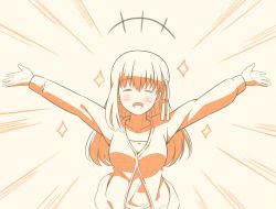Rule 34 | +++, 1girl, :d, = =, arms up, blush, closed eyes, dress, emphasis lines, facing viewer, fate/stay night, fate (series), hair ribbon, long hair, matou sakura, monochrome, open mouth, outstretched arms, ribbon, shitaya noriko, simple background, smile, solo, sparkle, translation request, tsukumo (soar99), voice actor connection