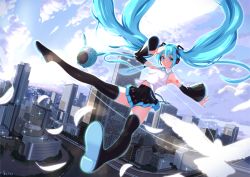 Rule 34 | 1girl, bird, boots, city, detached sleeves, feathers, floating hair, hatsune miku, headset, long hair, nanahime, necktie, skirt, sky, smile, solo, thigh boots, thighhighs, twintails, very long hair, vocaloid