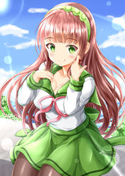 Rule 34 | 1girl, :q, blue sky, blush, breasts, brown hair, brown pantyhose, cleavage, closed mouth, cloud, commentary request, day, gochuumon wa usagi desu ka?, green eyes, green hairband, green sailor collar, green skirt, hairband, highres, horizon, large breasts, long hair, neck ribbon, ocean, outdoors, pantyhose, pink ribbon, pleated skirt, ribbon, sailor collar, sitting, skirt, sky, smile, solo, tongue, tongue out, touhoku zunko, ujimatsu chiya, very long hair, voiceroid, water, xenon (for achieve)