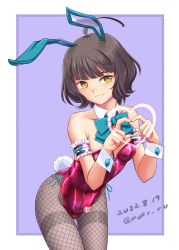 Rule 34 | 1girl, adapted costume, ahoge, animal ears, aqua bow, aqua bowtie, blunt bangs, bow, bowtie, brown eyes, brown hair, commentary request, cowboy shot, detached collar, fishnet pantyhose, fishnets, grey background, heart, heart hands, kantai collection, kishinami (kancolle), leotard, looking at viewer, moke ro, pantyhose, playboy bunny, purple leotard, rabbit ears, rabbit tail, short hair, solo, tail, thigh gap, thighband pantyhose, wavy hair, wrist cuffs